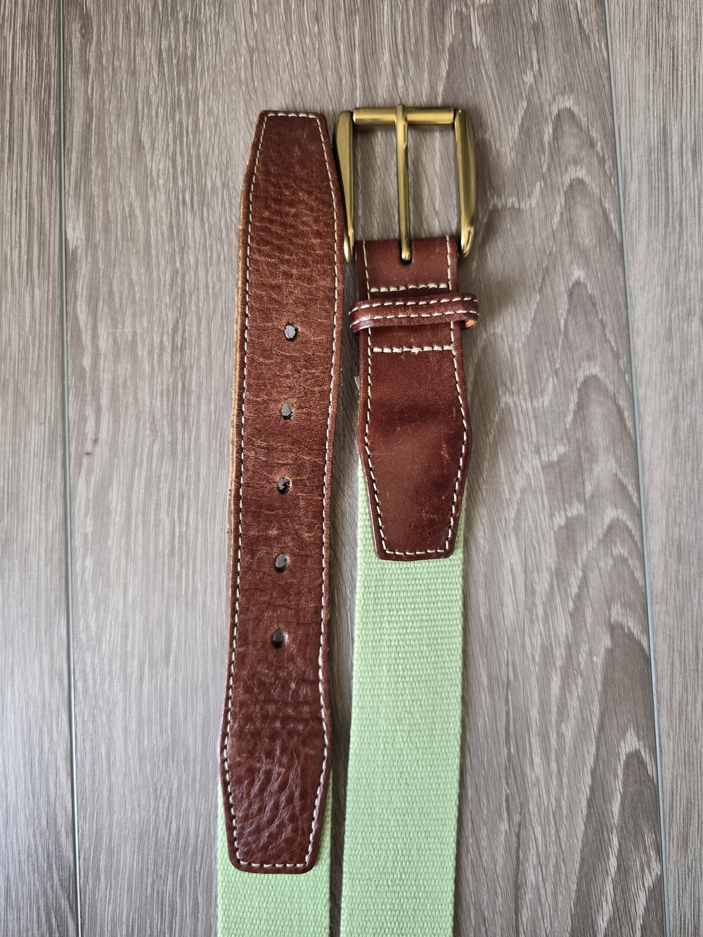 Orvis Surcingle Belt Mens 38 Sage Green Canvas Brown Leather Brass Buckle USA